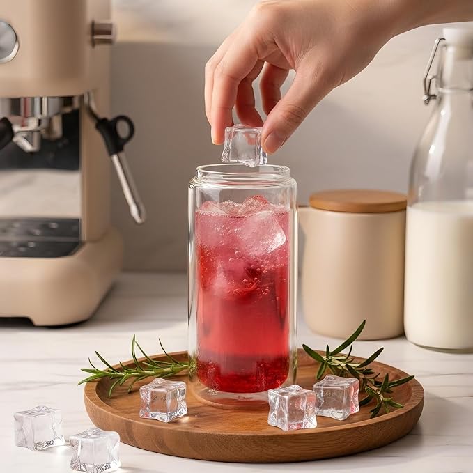 4 Pack Glass Cups with Lids and Straws 16 oz Double Wall Glass Tumbler Insulated Borosilicate Iced Glass Coffee Cups for Iced Coffee, Smoothies, Tea, Juice