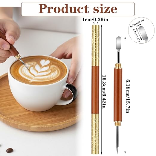 2pcs Coffee Art Pen, Stainless Steel Latte Art Tools with Lid, Lattes Pen with Wood Handle, Dual-Head Design, for Creating Professional Espresso Tools, Home, Travel, Cafe Use