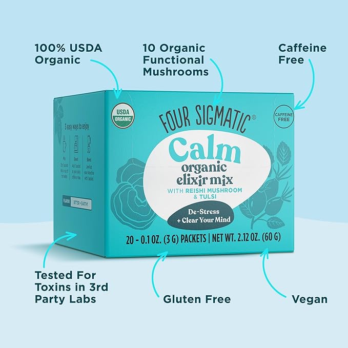 Four Sigmatic Reishi Mushroom Elixir | Coffee Alternative with Organic Reishi Mushroom Powder, Tulsi, Rose Hips & Mint | Support Stress & Sleep | Decaf, Vegan, Gluten-Free & Keto | 20 Packets