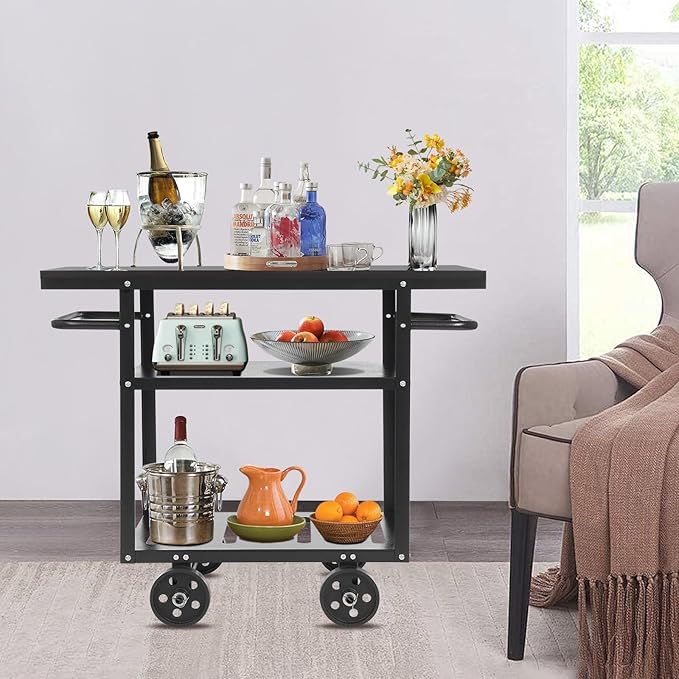 Rolling Bar Cart with Wheels, Industrial Mobile Serving Cart Kitchen Storage Cart 3-Tier with 2 Side Handle, Vintage Rustic Style, Heavy Duty & Sturdy, for Home Bar Cafe Restaurant Hostel
