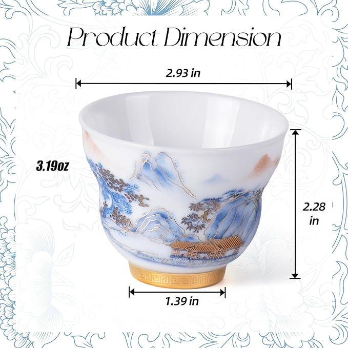 KAMMAK Ceramic Tea Cups Small, Cute Vintage Coffee Cup Set of 2, Porcelain Teacups Espresso Mug, 3.2oz Hand Painted Chinese Afternoon Tea Party Mugs, Birthday Gift for Women Men, Ice Fortune