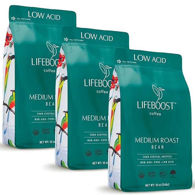 Lifeboost Medium Roast Whole Bean Coffee - Low Acid Organic Coffee, Non-GMO, USDA Organic, Single Origin, Third-Party Tested for Mycotoxins & Pesticides - 12 oz, Pack of 3