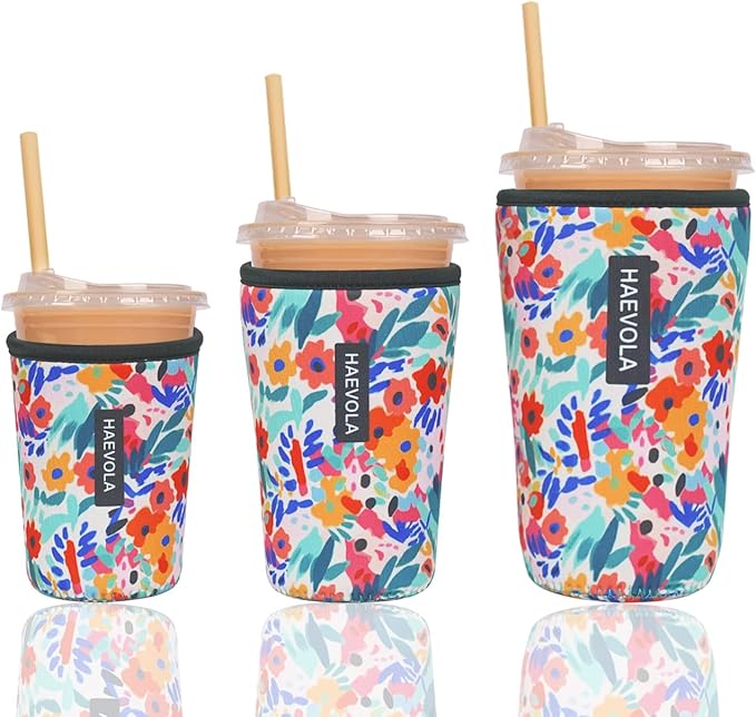 Reusable Insulated Neoprene Iced Coffee Cup Sleeve, Durable Drink Sleeve for Cold Beverages, Beverage Holder for Iced Coffee, Bloom Burst