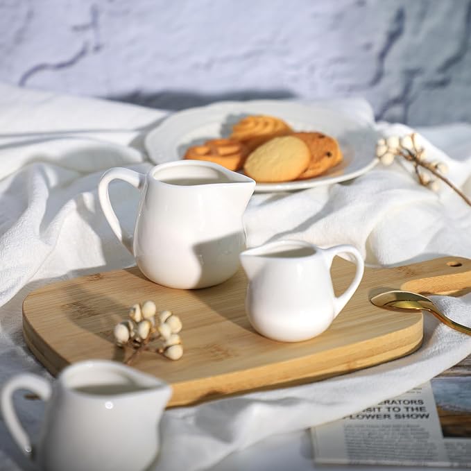 CHOOLD 2 pcs Mini Ceramic Creamer with Handle, Coffee Milk Creamer Pitcher - White - 1.5 oz + 3 oz