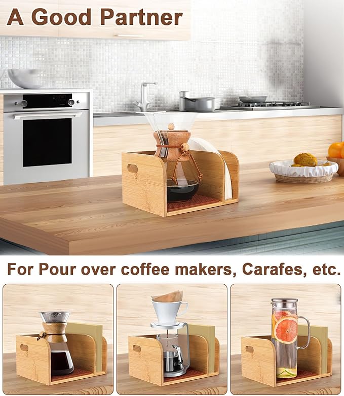 Bamboo Caddy with Lid & Heatproof Trivets Mat for Chemex CoffeeMakers - Designed for Chemex Pour - Over Glass Coffeemaker(3/5/6/8/10Cup), for Bodum Pour Over Coffee makers - Bamboo cup not included