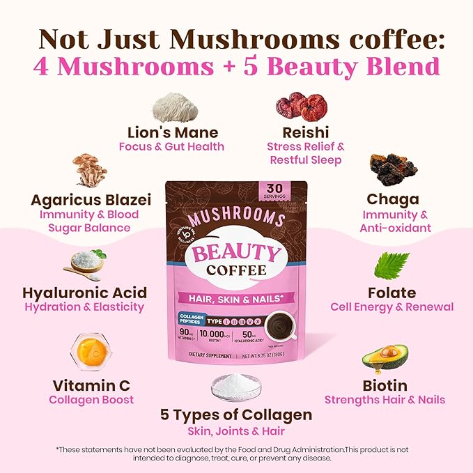 Venture Pal Premium Adaptogenic Mushroom Coffee with Multi Collagen, Lions Mane, Reishi, Chaga, Biotin, Vitamin C - Supports Energy, Focus, Skin, Hair, Nails, Joints, Digestion & Immunity, 30 Servings