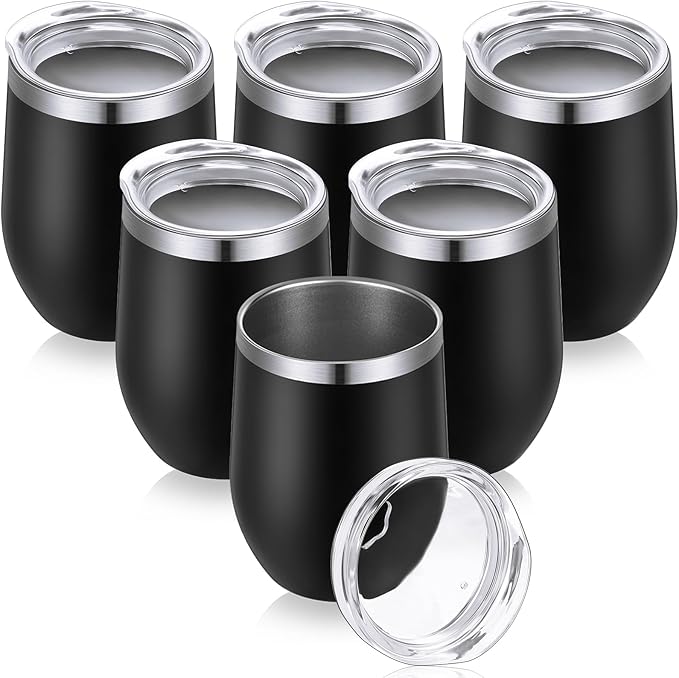 6 Pack Stainless Steel Wine Tumblers 12 oz Insulated Vacuum Wine Cup Set Double Wall Stainless Steel Stemless Mug Glasses for Coffee Soda Whiskey Outdoor Travel (Black)