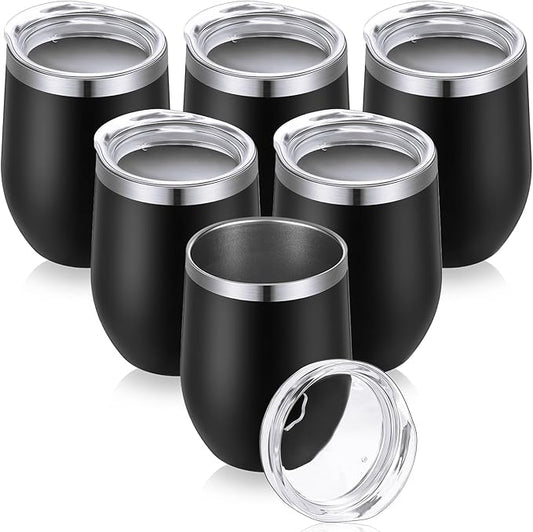 6 Pack Stainless Steel Wine Tumblers 12 oz Insulated Vacuum Wine Cup Set Double Wall Stainless Steel Stemless Mug Glasses for Coffee Soda Whiskey Outdoor Travel (Black)