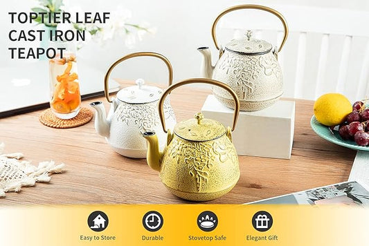 Toptier Cast Iron Tea Kettle, Stovetop Safe Japanese Cast Iron Teapot with Infuser, Leaf Design Tea Kettle for Stove Top Coated with Enameled Interior for 32 Ounce (950 ml), Creamy White