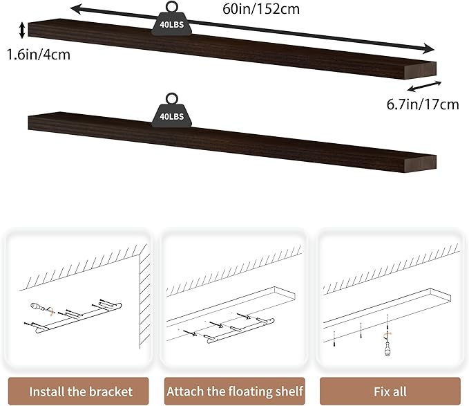 60 inch Long Floating Shelves for Wall,Solid Wood Long Shelves Set of 2,Walnut Rustic Mounted Shelves for Bathroom Bedroom Laundry Room (Walnut, 60 Inch)