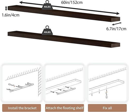 60 inch Long Floating Shelves for Wall,Solid Wood Long Shelves Set of 2,Walnut Rustic Mounted Shelves for Bathroom Bedroom Laundry Room (Walnut, 60 Inch)