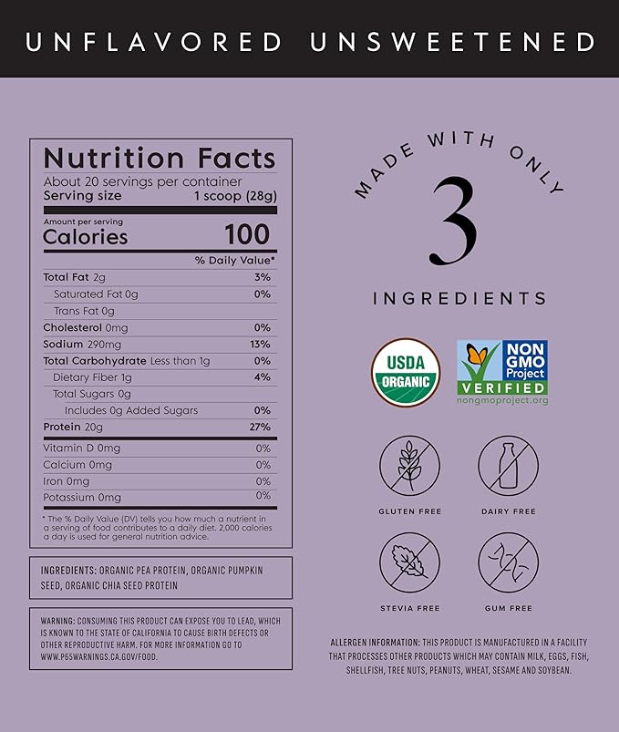 Truvani Vegan Pea Protein Powder | Unflavored | 20g Organic Plant Based Protein | 20 Servings | Keto | Gluten & Dairy Free | Low Carb | No Added Sugar