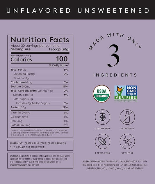 Truvani Vegan Pea Protein Powder | Unflavored | 20g Organic Plant Based Protein | 20 Servings | Keto | Gluten & Dairy Free | Low Carb | No Added Sugar