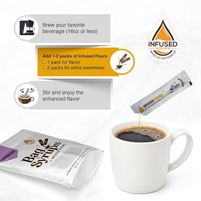 Single Serving Lavender Syrup Packets for Coffee and Cocktails - 5mL Each, 30 Count - Bag of Syrups by Infused Pours (5mL, Lavender)