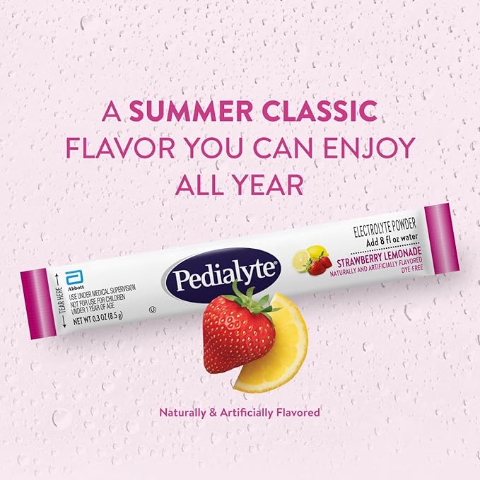 Pedialyte Electrolyte Powder, Hydration Drink for Kids & Adults, Strawberry Lemonade, 100 Powder Packets