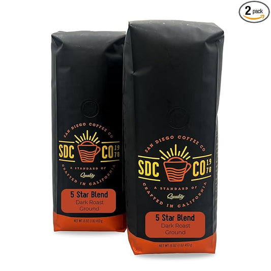 San Diego Coffee 5 Star Blend, Dark Roast, Ground Coffee, 16-Ounce Bags (Pack of 2) Café molido tostado