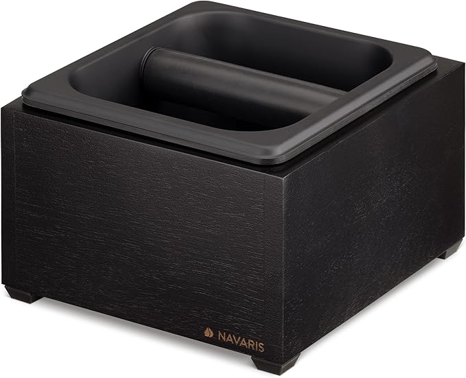 Navaris Coffee Knock Box - Stainless Steel and Wood Bin for Espresso Machine Grounds - With Silicone Bar for Knocking Portafilter Filter Grinds - Black/Black