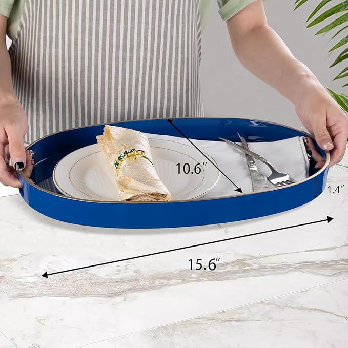 MAONAME Blue Decorative Tray, Oval Serving Tray with Handles, Plastic Trays for Coffee Table, Ottoman Trays for Living Room, Bathroom, 15.6" X 10.6" X 1.4"