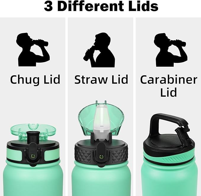Oldley Insulated Water Bottle 32oz Water Bottles with Straw, Stainless Steel Water Bottle with 3 Lids, Double Wall Vacuum Bottels for Adults School Kids,Leak-Proof Sport Bottles, Leaf Green -Blue