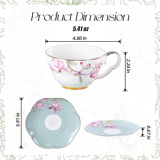KAMMAK Ceramic Coffee Cups Saucers Set of 2, Porcelain Espresso Cups with Saucers, 5.41 oz Handmade Elegant Bone China Tea Cup, Ceramic Floral Pattern Demitasse for Latte, Americano, Cappuccino