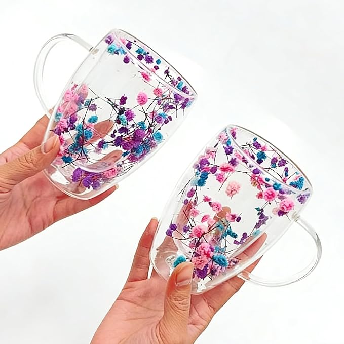 Viovian 13oz Double Wall Glass Coffee Mugs Set of 2 Insulated Glass Coffee Cups with Handles,Clear Dried Flower Tea Mug for Hot Beverages,Tea Cup Women Birthday Gifts