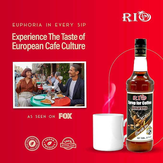 RIO Amaretto Coffee Syrup, Perfect for Hot or Iced Drinks & Desserts, Sweet & Nutty Taste, Sweetened with Pure Cane Sugar, Barista-Grade Flavor Syrups for Coffee Drinks at Home & Work - 700ml