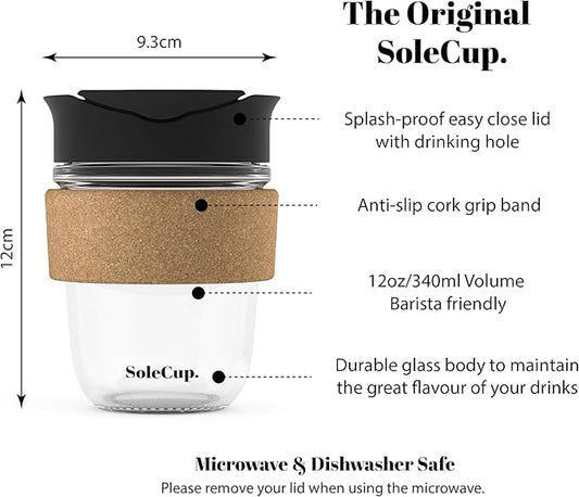 Reusable Strengthened Glass Travel Cup - Spill Proof Insulated Coffee Mug - 12oz/340ml BPA-Free Hot Drink Travel Mug with Lid & Cork Band (Black, 12oz)