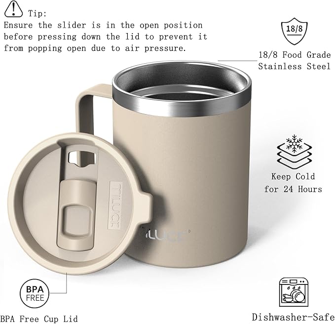 TILUCK 12 oz Insulated Coffee Mug with Lid,Stainless Steel Travel Mug Cup with Handle for Hot or Cold Drinks(MistyGray, 12oz)