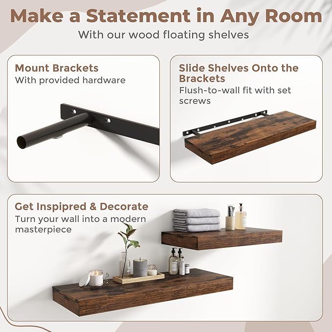 12" Deep Floating Shelves for Wall with Invisible Brackets, Wall Mounted Engineered Wood Shelves with Wood Grain for Living Room, Bedroom, Kitchen Decor and Storage, 36"L Set of 1, Rustic Brown