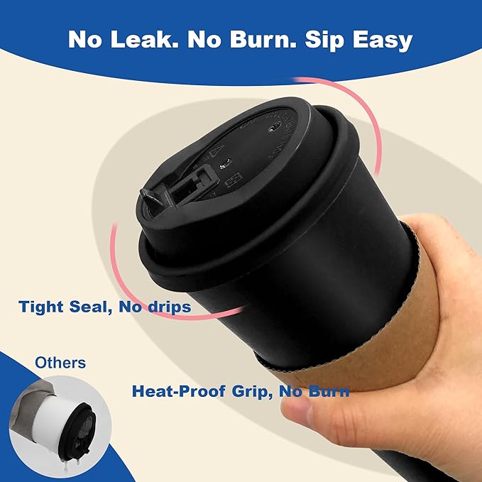 Coolcap 20 oz 50 Pack Coffee Cups with Lids and Sleeves, Straws, Hot Disposable To Go Travel Paper Cups Bulk for Office, Home Coffee Bar Accessories, Chocolate, Cocoa, Beverage (Black)