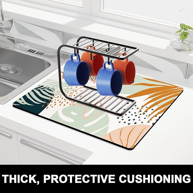 Rnivvi Dish Drying Mat for Kitchen Counter, 16 x 18" Cute Boho Theme Absorbent Heat Resistant Drying Pad with Non-slip Rubber, Coffee Bar Mats for Coffee Machine Dish Rack, Tropical Leaves