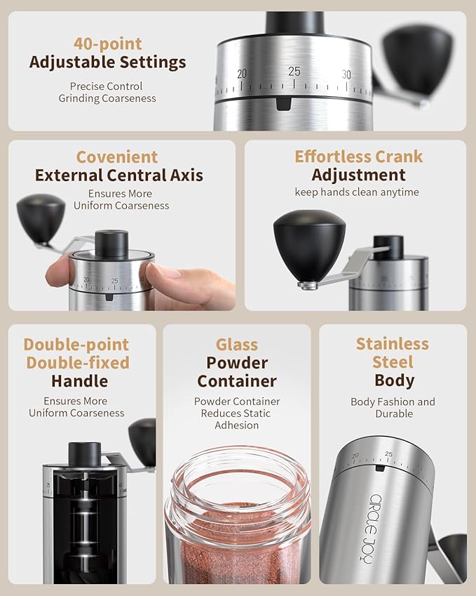 CIRCLE JOY Manual Coffee Grinder with 40 External Adjustable Settings and Ceramic Conical Burr, Portable Stainless Steel Hand Coffee Grinder for Camping, Travel and Espresso