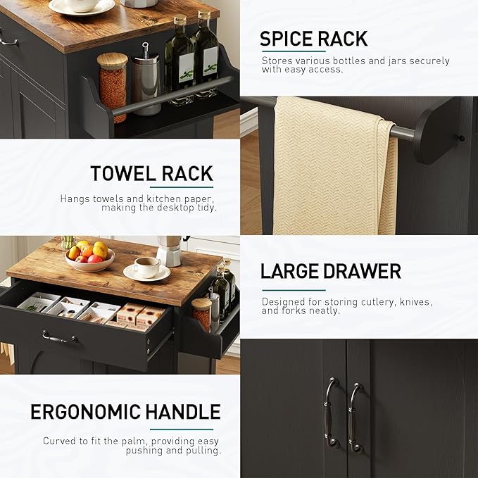 Kitchen Island Cart, Small Kitchen Island with Storage Cabinet and Drawer, Rolling Kitchen Cart on Wheels with Spice Rack and Towel Rack, for Kitchen, Dining Room, Black and Rustic Brown