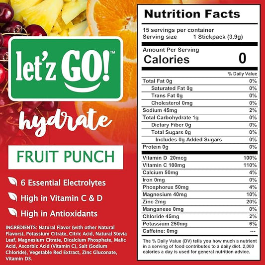 Let'z Go! Hydrate- Natural Hydration + Electrolyte Drink Mix- Hydration + Electrolytes + Antioxidant Powder Packets, Natural Flavors, Vitamins C + D | No Sugar | No Calories | (15 Count) Fruit Punch