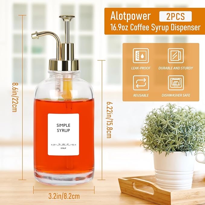 Coffee Syrup Dispenser 16.9 Oz 2 Pack, 500ml Glass Bottle with Gold Pump for Coffee Bar, Includes 36 Stickers - Reusable Syrup Bottles