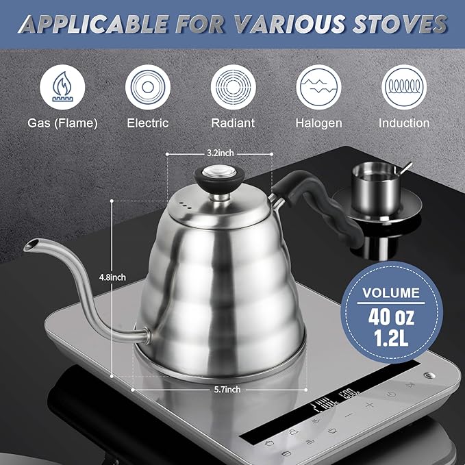 Stainless Steel Gooseneck Kettle Compatible with all Stoves, 1.2L/40oz Pour Over Coffee Maker with Built-in Thermometer for Precise Temperature Control and 40pcs Filter Papers