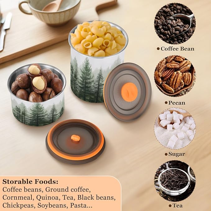 Pine Trees Airtight Food Canister, 30oz Stainless Steel Storage Jar for Coffee Beans Tea Grains Snacks, Kitchen Organizer Decor