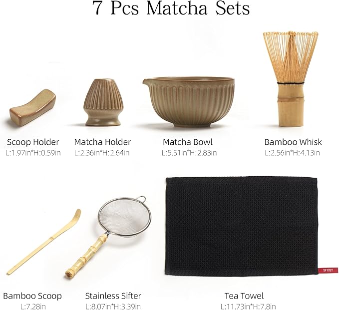Matcha Whisk Set, Matcha Set Includes Ceramic Matcha Bowl, Matcha Whisk and Holder, Bamboo Scoop, Sifter, Scoop Rest and Tea Towel - 7 Pcs Matcha Making Kit for Matcha Lover and Tea Ceremony