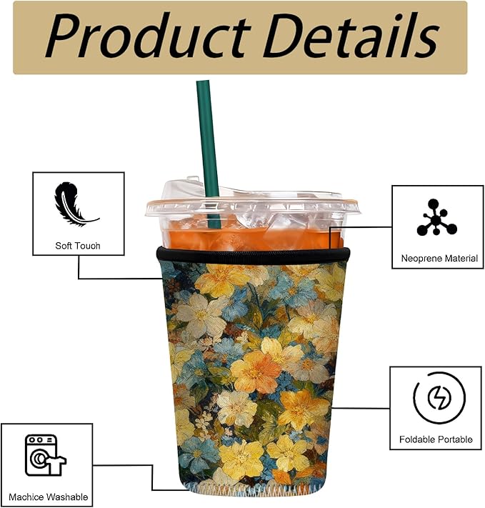 Neoprene Iced Coffee Sleeve 3 Pack, Reusable Insulated Cup Holder with Vintage Oil Painting Floral Pattern, Fits 16–32 oz Tumblers, Compatible with Starbucks & Dunkin