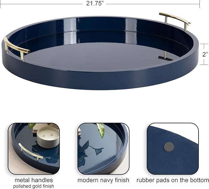 Kate And Laurel Lipton Modern Round Ottoman Tray, 22 Inch Diameter, Navy and Gold, Decorative Circle Coffee Table Tray for Living Room Decor or Large Serving Tray