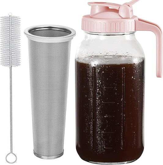 Cold Brew Coffee Maker Pitcher, Pink 64 Oz Heavy Duty Wide Mouth Glass Mason Jar pour spout Lid with Stainless Steel Filter for Iced Coffee, Ice Drinks