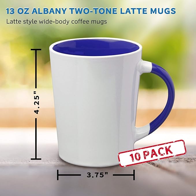 DISCOUNT PROMOS Ceramic Latte Coffee Mugs by Albany 13 oz. Set of 10, Bulk Pack - Perfect for Coffee, Tea, Espresso, Hot Cocoa, Other Beverages - Cobalt Blue