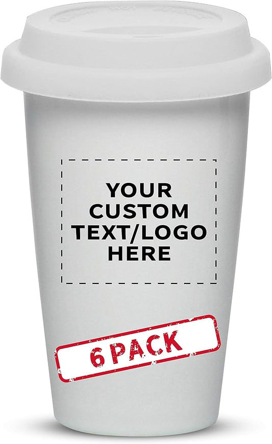 Personalized 11 oz. Double Wall Ceramic Tumblers with Lid - 6 Pack - Custom Text, Logo - White