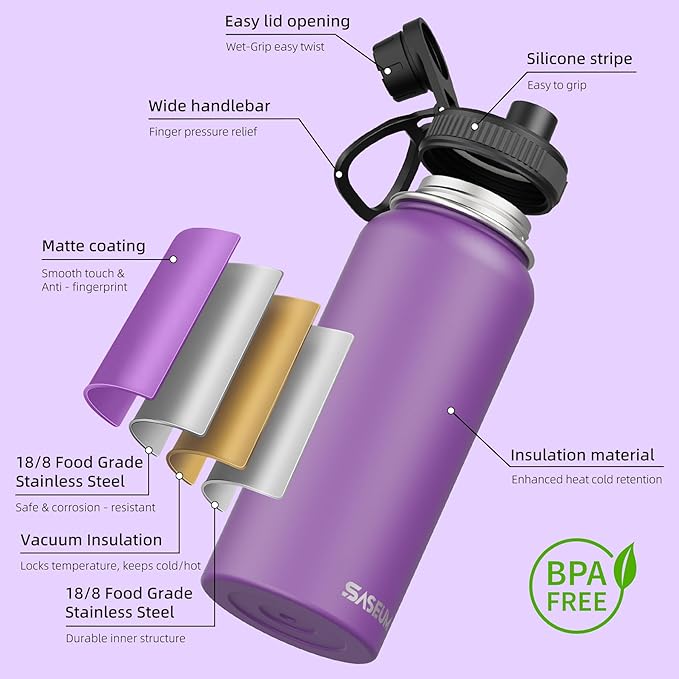 SASEUM Sport Water Bottle 32oz Stainless Steel Double Wall Vacuum Thermal Mug with Leak Proof Spout Lids, Wide Mouth Metal Insulated Water Jug for Gym and Travel（Purple）
