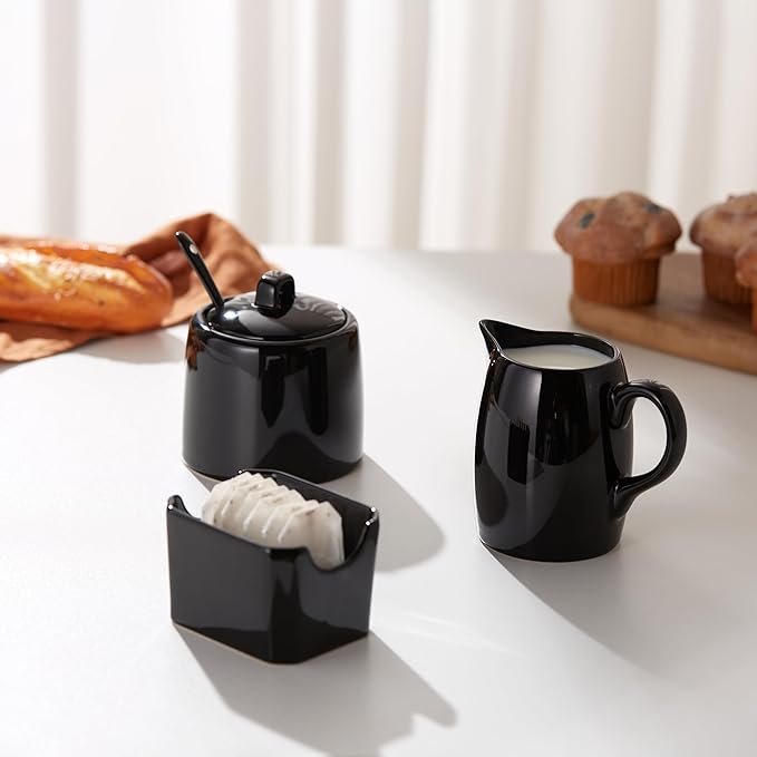 KooK Sugar and Creamer Set, 3 Piece, Pitcher, Sugar Bowl with Lid and Spoon, Sweetener Holder (Black)