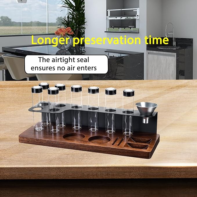 8-Piece Vacuum Coffee Canister Set with Wooden Storage Stand – Airtight Jars + Funnel for Coffee Enthusiasts & Home Cafés | Countertop Bean/Tea Freshness Organizer