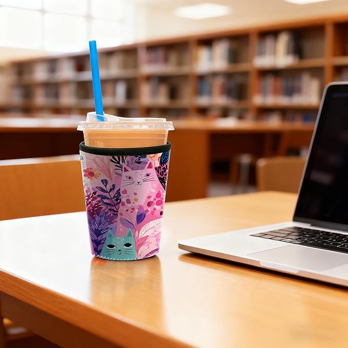Colorful Cat Floral Iced Coffee Sleeve Set of 3 Fits 16oz 24oz 30oz Cups Cute Cat Lover Insulated Coffee Sleeve for Women & Gifts