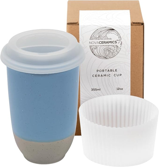NOVA CERAMICS Travel Mug - Ceramic Coffee Mug With Lid – Microwave & Dishwasher Safe Coffee White & Grey Tumbler - Fits In Cup Holder – 12oz – Coastal Drift