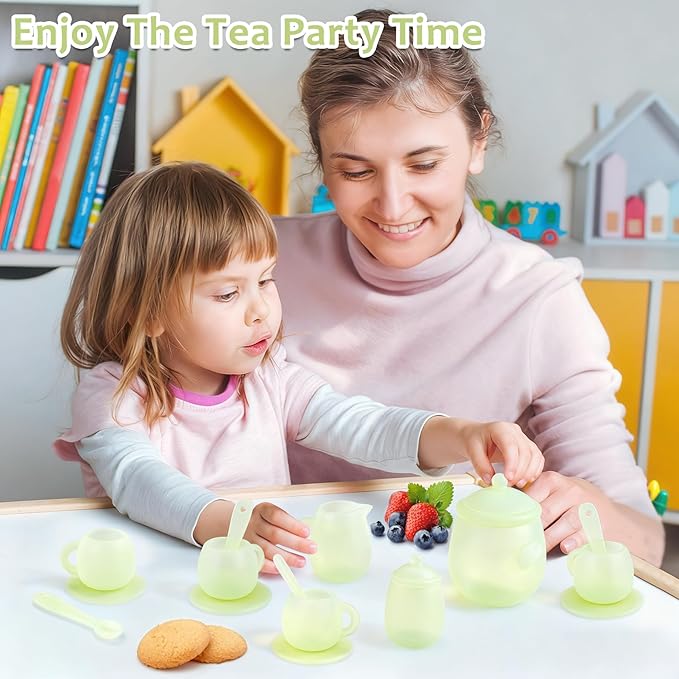MCGMITT Tea Party Set for Toddler 3-5, 15PCS Silicone Tea Set Kids Tea Set, Includes Teapot, 4 Tea Cups and Coasters, Creamer, Sugar Bowl, 4 Spoons, Kitchen Pretend Play for Little Girls Boys Age 3-6