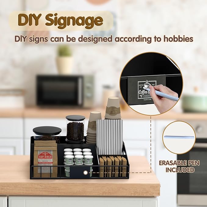 Metal Coffee Station Organizer for Countertop, 2-Pcs Coffee Bar Organizer with Designable DIY Logo, K Cup Pods Holder & Tea Condiment Storage - Rustic Breakroom Kitchen Decor Balck